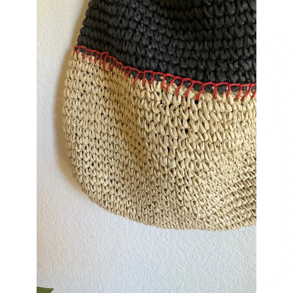 Sonoma Goods For Life Woven Straw Hobo Bag Black Tan Colorblock Red Whipstitch - Picture 3 of 9